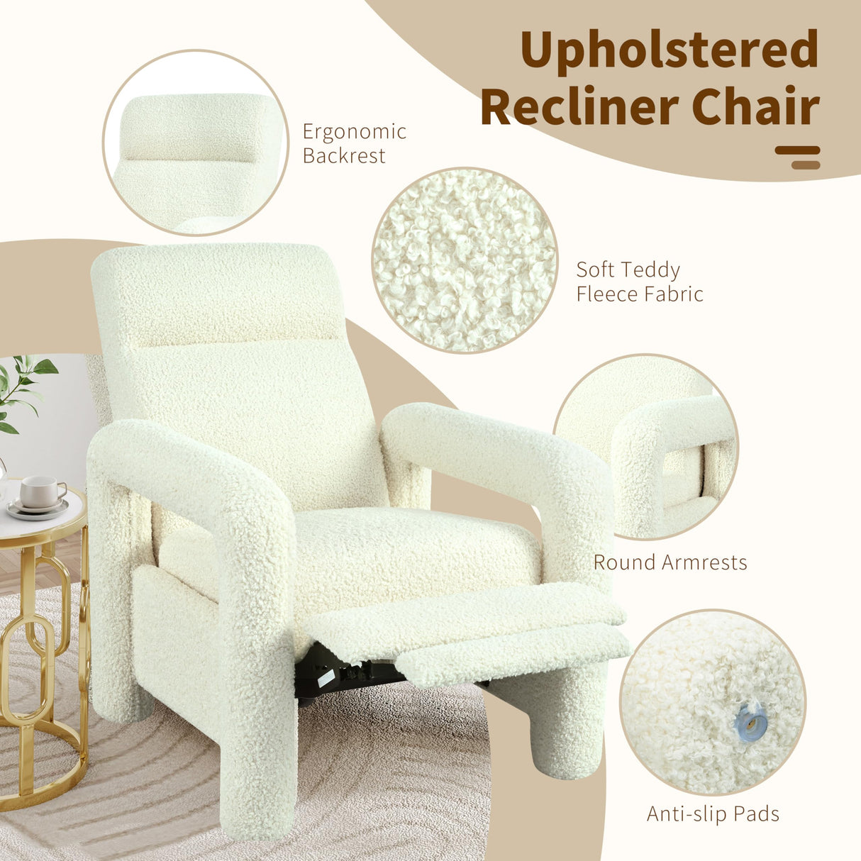 LUMISOL Upholstered Recliner Chair with Adjustable Backrest, Push Back Recliner Armchair, 31.25'' Single Sofa for Living Room, Upholstered Chair, Beige LUMISOL