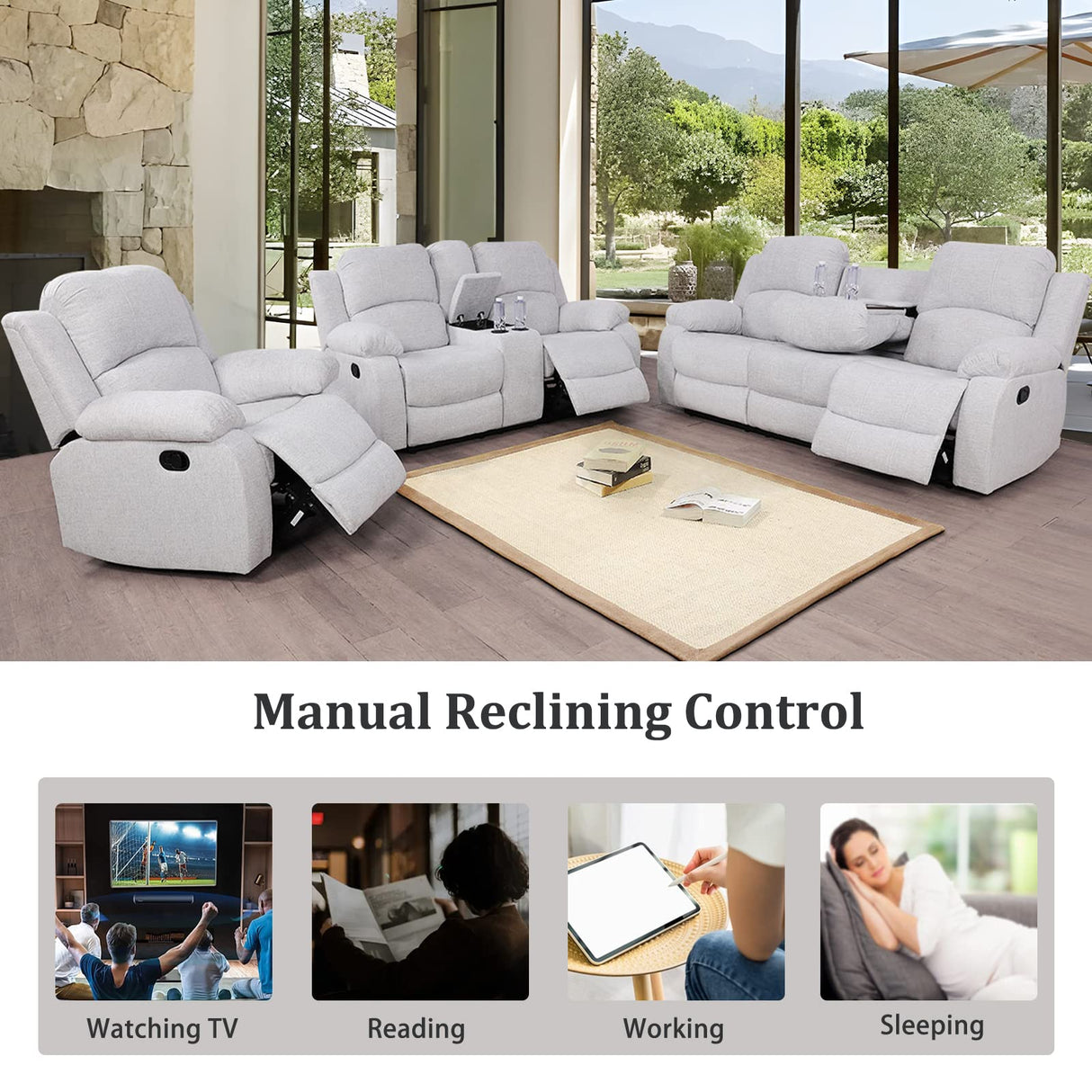 Recliner Sofa Set Microfiber Fabric, Living Room Furniture Set, Manual Reclining Living Room Sofa Set 3 Piece (Grey White) Generic