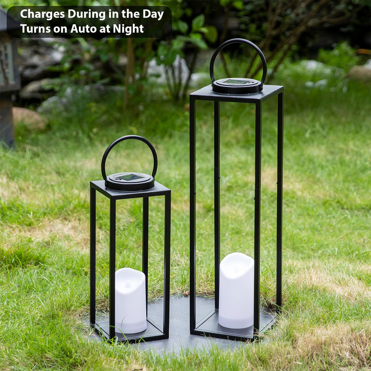 ALL FORTUNE Large Solar Outdoor Lanterns, 25" 16" Tall Farmhouse Black Metal Waterproof Decorative Lanterns with Solar Candles for Front Porch, Patio, Christmas, Fall Decor- Set of 2 ALL FORTUNE