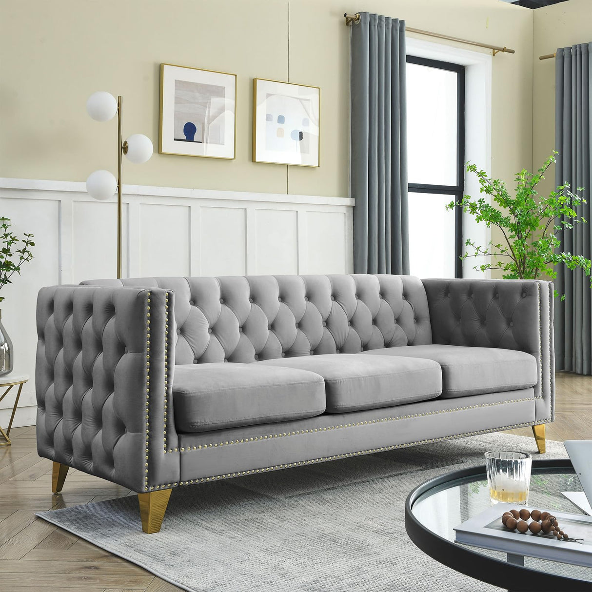 JEEOHEY Chesterfield Sofa,Oversized Velvet Sofa Couch,Deep Seat 3 Seater Sofa,Modern Sofa Chair with Button Nailhead,Upholstered Futon Couches,Furniture for Living Room,Bedroom,Office(Grey) JEEOHEY