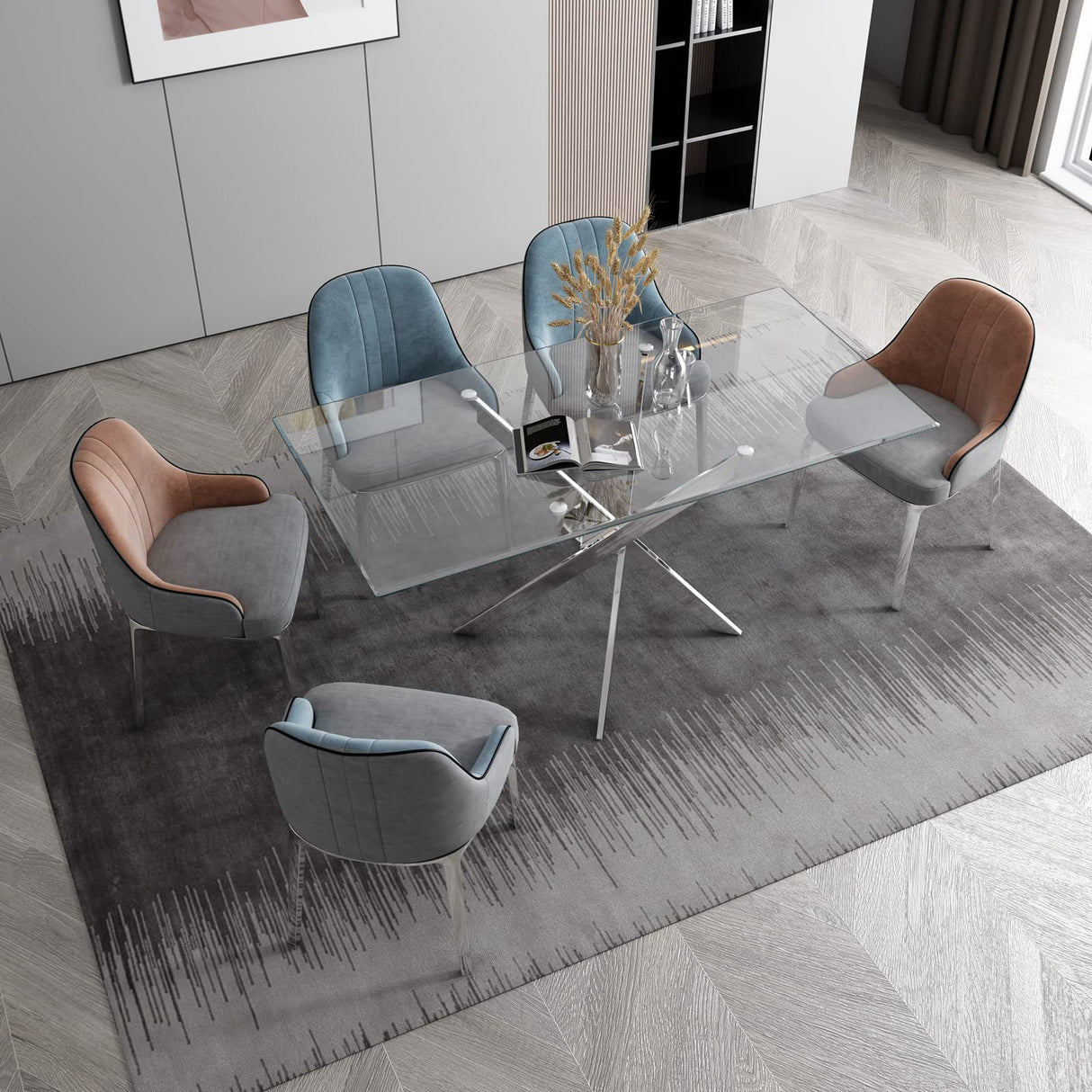 79" Large Dining Table, Glass Kitchen Table for 8-10 Person, Modern Dining Room Table with 0.39" Thick Tempered Glass Top and Silver Stainless Steel Pedestal Base, Big Dining Room Table for Home Pvillez