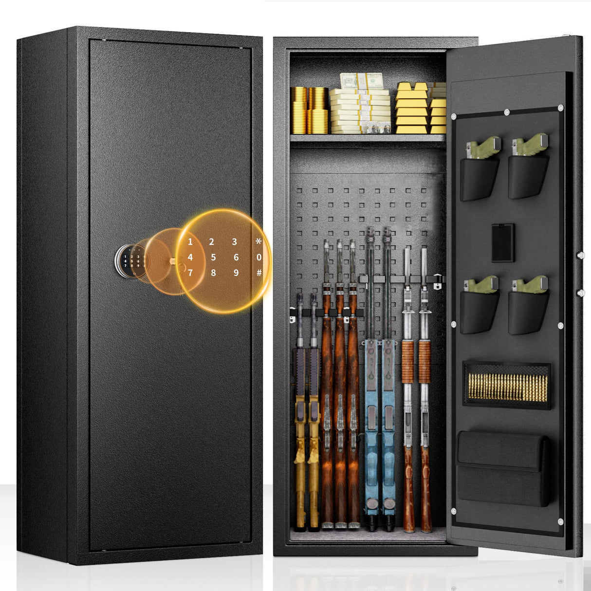 Bonusall 10-14 Rifle Gun Cabinet,Home Gun Safe for Rifles and Pistols,Keypad Gun Safe for Rifles with Lock,Quick Access Gun Safes & Cabinets with Removable Shelf,Handgun Pockets Bonusall