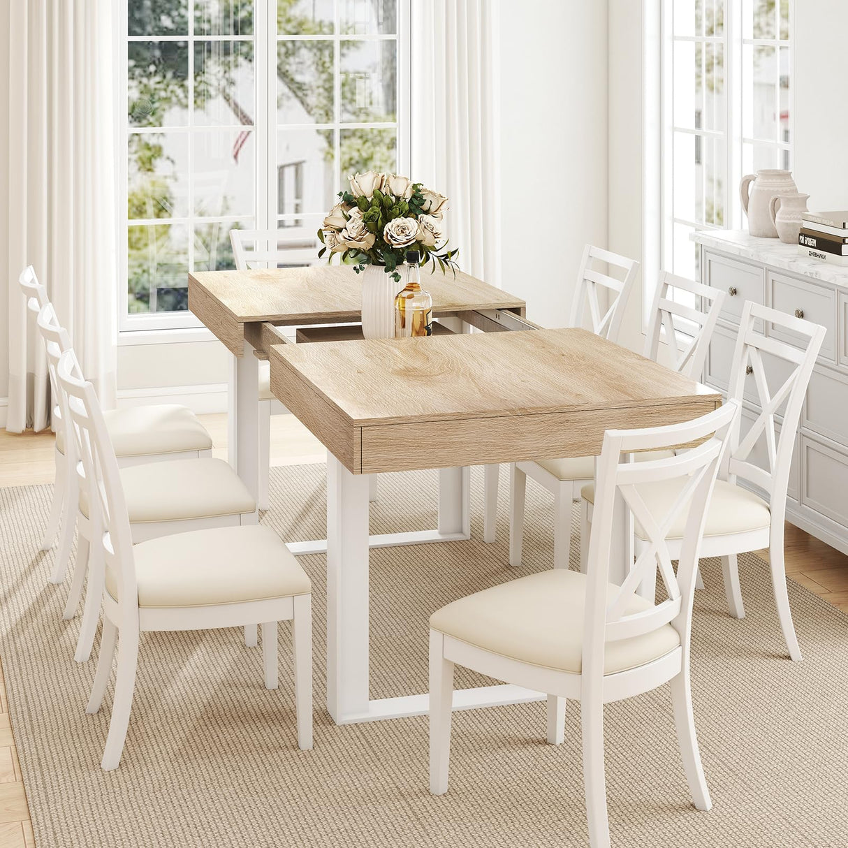 Zevemomo 63"-78.7" Expandable Dining Table, 6-10 Farmhouse Kitchen Table, Extendable Dining Table, Rectangular Kitchen Table with Metal Track, Tapered U-Shaped Legs for Dining Room, Office-Oak Zevemomo