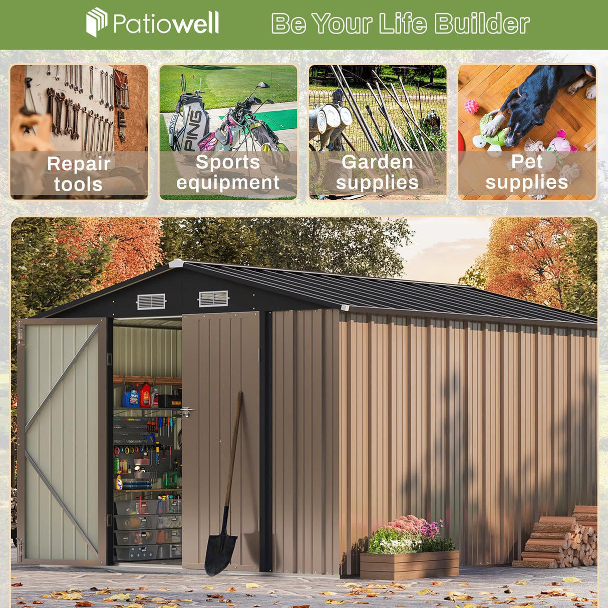 Patiowell 8x10 FT Outdoor Storage Shed, Large Garden Tool Metal Shed with Sloping Roof and Double Lockable Door, Outdoor Shed for Backyard Garden Patio Lawn, Brown Patiowell