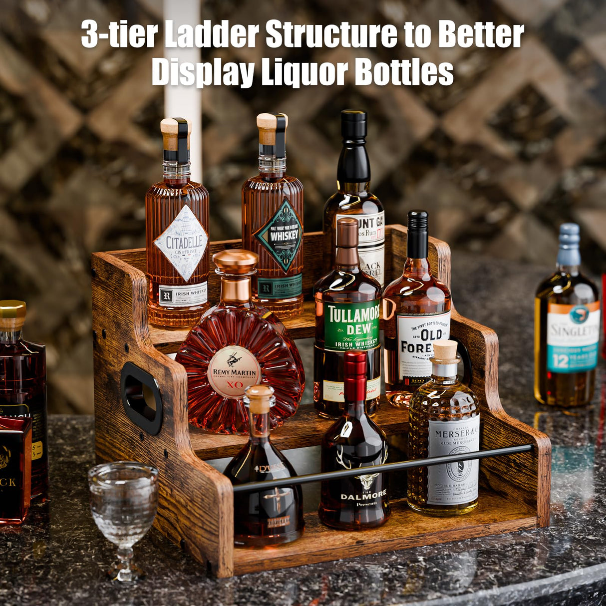 KLM Liquor Bottle Display Shelf, Coffee Syrup Rack Organizer, 3 Step Countertop Liquor Wine Rack, mini bar,liquor cabinet, Home Retro Bar Shelf Stand for Liquor Whiskey, Spirits KLM