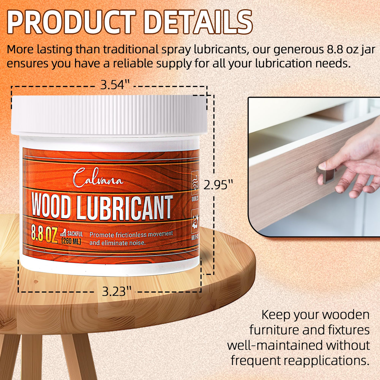 Calvana 8.8oz Wood Wax for Home Projects,Door Hinge Lubricant,for Wood Drawer Slides,Sliding Glass Door,Window Track, Clear,Unscented, Non-Spray Formula Calvana