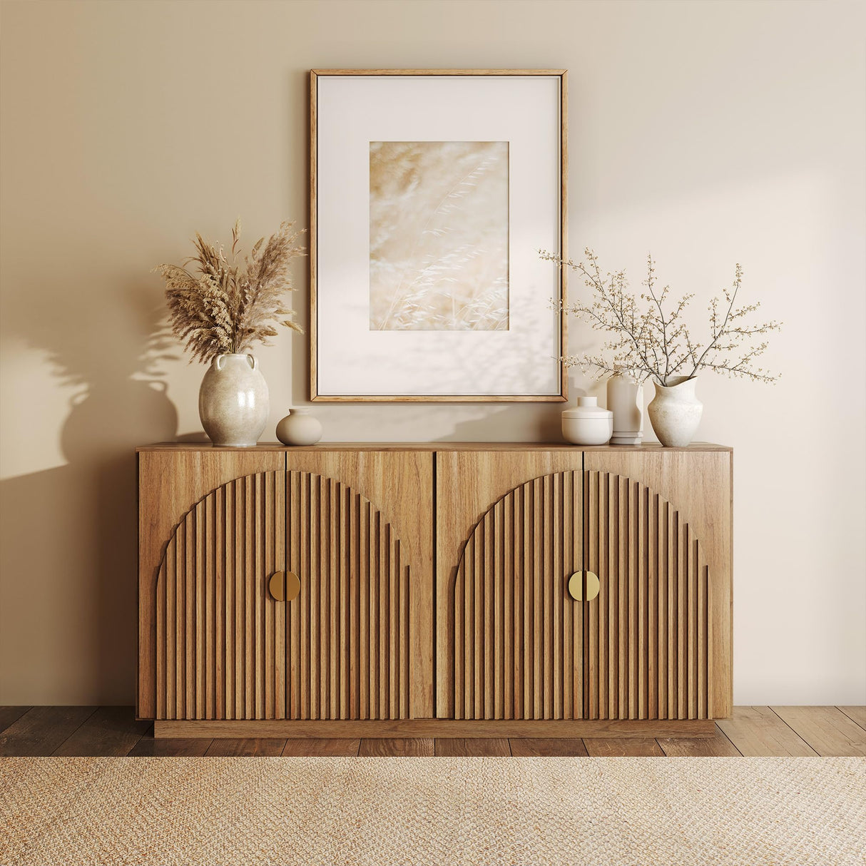 BELLEZE 65 Inch Fluted Buffet Cabinet with Storage, Symmetrical Arc Accent Sideboard Large Console Table for Dining Room, Kitchen, and Living Room (Caramel Brown) BELLEZE