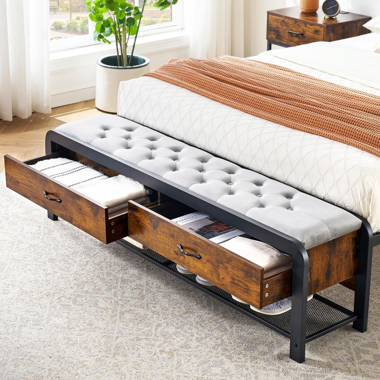 ELETHEBIA Rustic Brown 3-Piece Queen Bedroom Set with Platform Bed, Ottoman Bench, and Nightstands ELETHEBIA