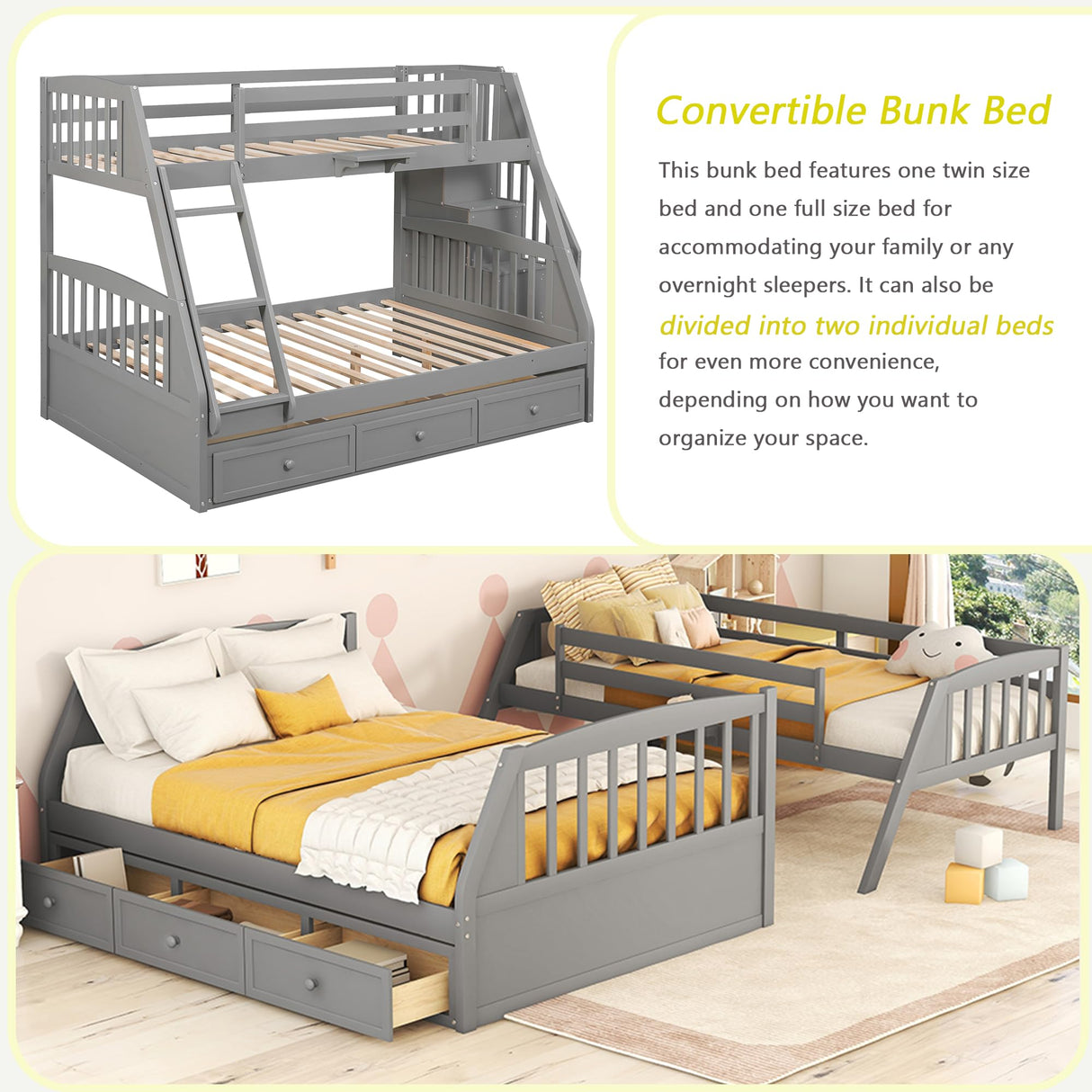 Merax Wooden Twin Over Full Stairway Bunk Bed with Three Storage Drawer, Storage Staircase, Removable Ladder and Safety Guardrail, Convertible to 2 Separated beds, Grey Merax