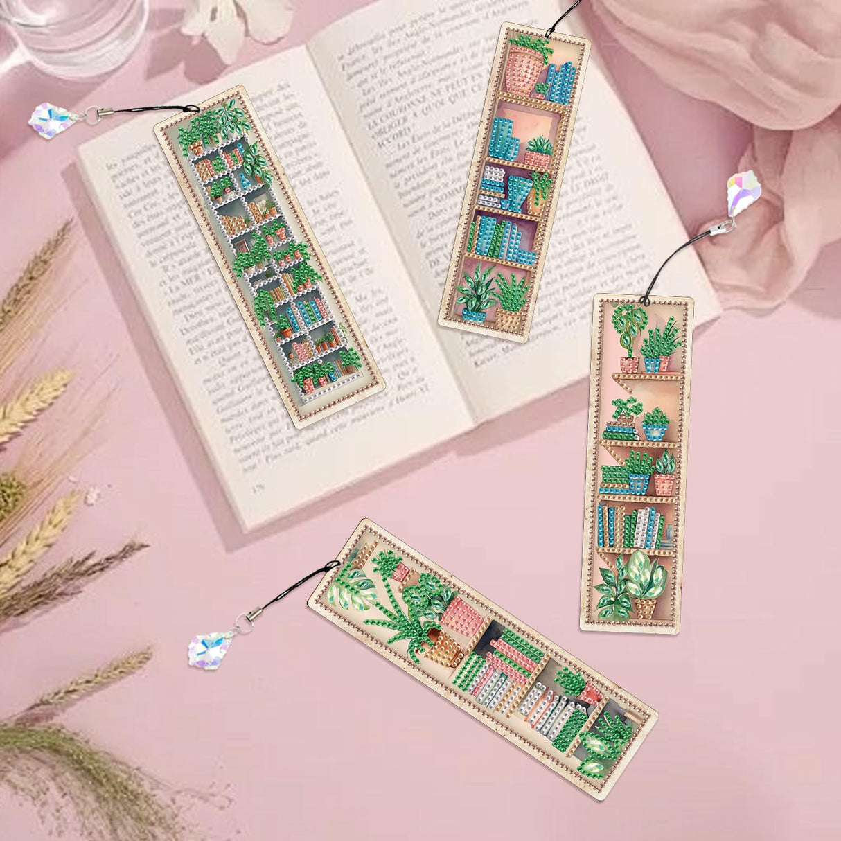 4 Pieces Diamond Painting Bookmarks for Adults Plant Bookshelf Design 5D Rhinestone Art Bookmark Kits Beautiful DIY Diamond Art Bookmarks with Tassels Crafts Gifts Supplies AiYuanzsh
