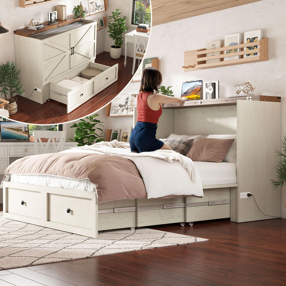 AMERLIFE Queen Murphy Bed with Storage & Charging Station, Farmhouse Murphy Cabinet with Foldable Panel, Noisy Free, for Guest Bedroom, Living Room, Office, Distressed White & Barnwood AMERLIFE