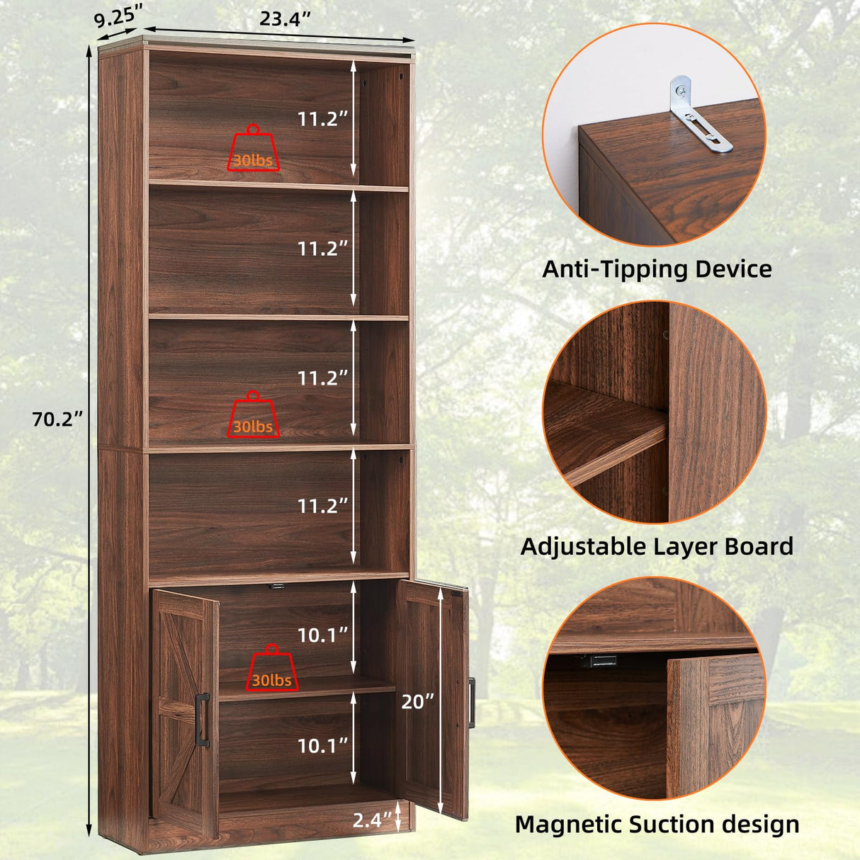 RWYHG 70in Tall Bookshelf 6 Tier Bookcase with Barn Doors and Adjustable Shelf, Brown Farmhouse Book Shelves with Storage Cabinet,Wood Floor Standing Display Bookshelve for Bedroom,Living Room,Kitchen RWYHG