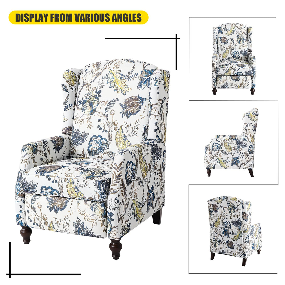 Consofa Upholstered Wingback Recliner Chair - Traditional Push Back Recliner Chair with Padded Seat, Fabric Floral Recliner Wingback Chair, Mid Century Modern Armchair for Living Room Consofa