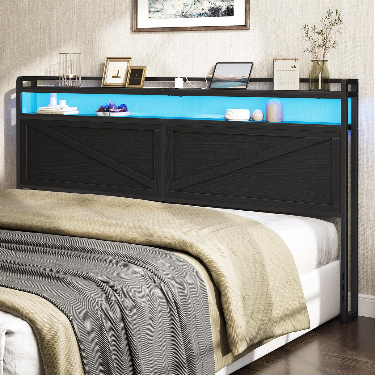 HOOBRO King Size Headboard, Headboard with Charging Station and LED Light Strip, 2-Tier Storage Headboard with Outlets and USB Ports, Industrial Style, Height Adjustable, for King Size Beds, Black HOOBRO