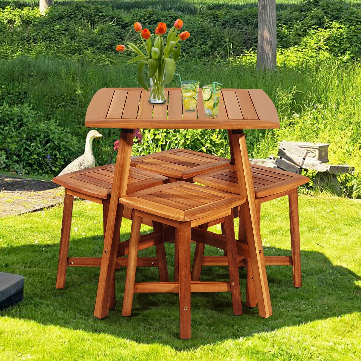 HAPPYGRILL 5 Pieces Wooden Patio Dining Set, Outdoor Acacia Wood Dining Furniture Set with 4 Stools, Wood Table and Armless Chairs for Garden Porch Backyard Balcony Poolside HAPPYGRILL