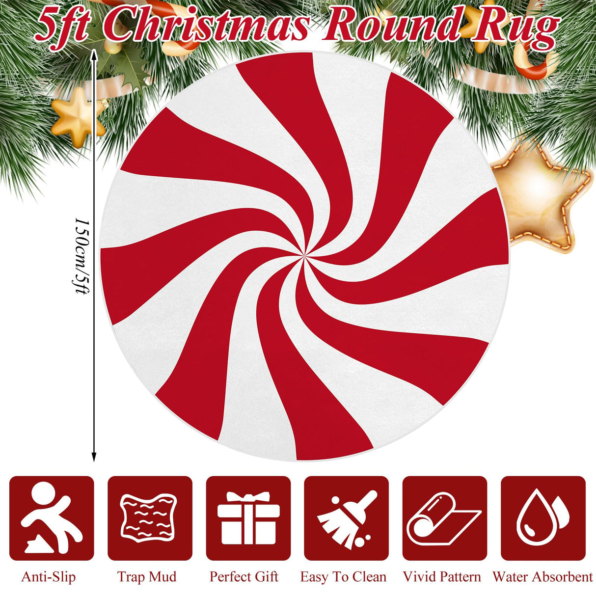 Moucuny Christmas Round Rug Large Christmas Area Rug Washable Christmas Rug Runner Non Slip Rug Carpet for Xmas Holiday Entryway Living Room Bedroom Indoor Decoration(Red,Lollipop) Moucuny