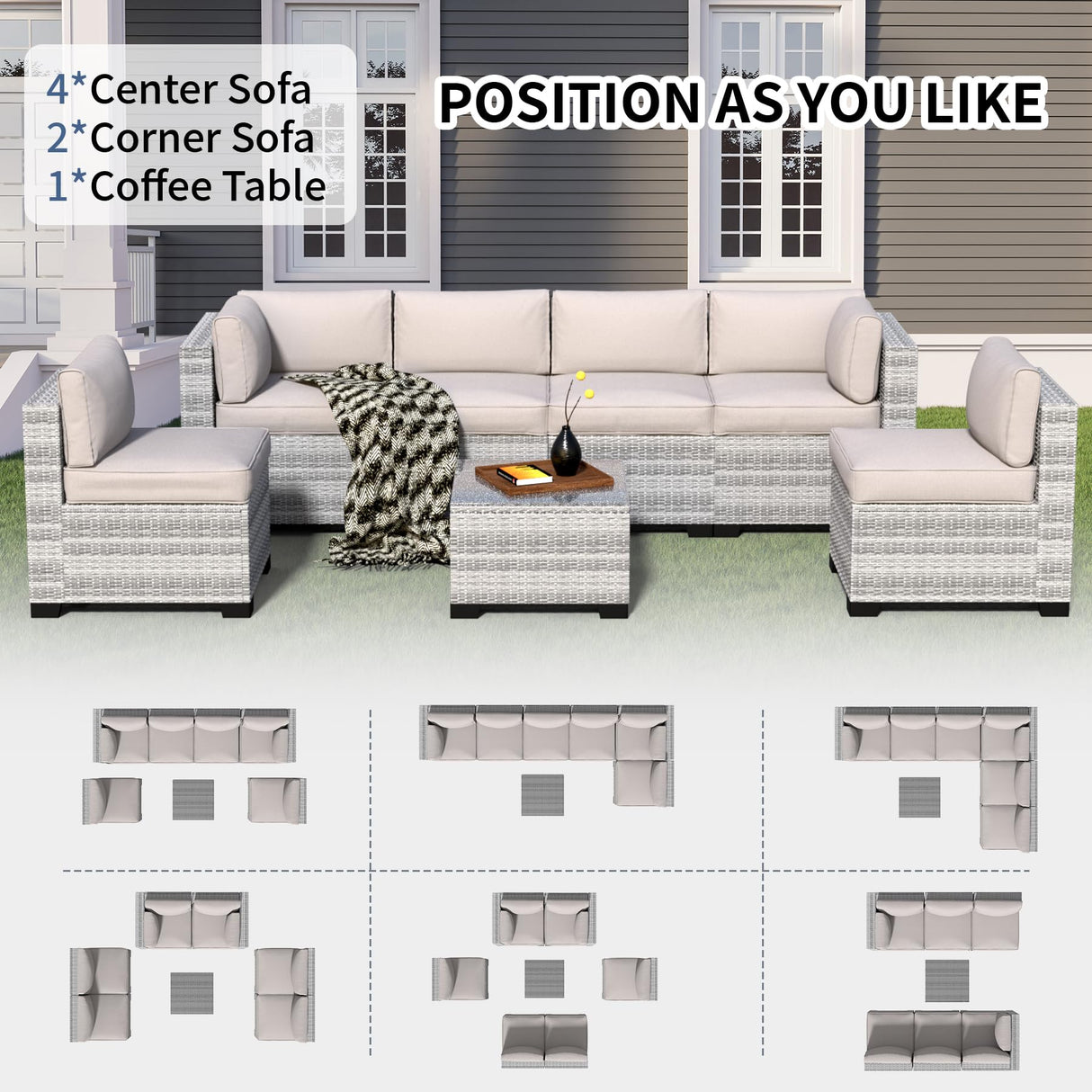 7-Piece Outdoor Sectional Patio Furniture Set, All-Weather Wicker Rattan Sofa w/Thick Washable Cushions & Tempered Glass Table, Perfect for Garden, Poolside, Backyard (7, Graywhite&Offwhite) YLGJ&TIDY