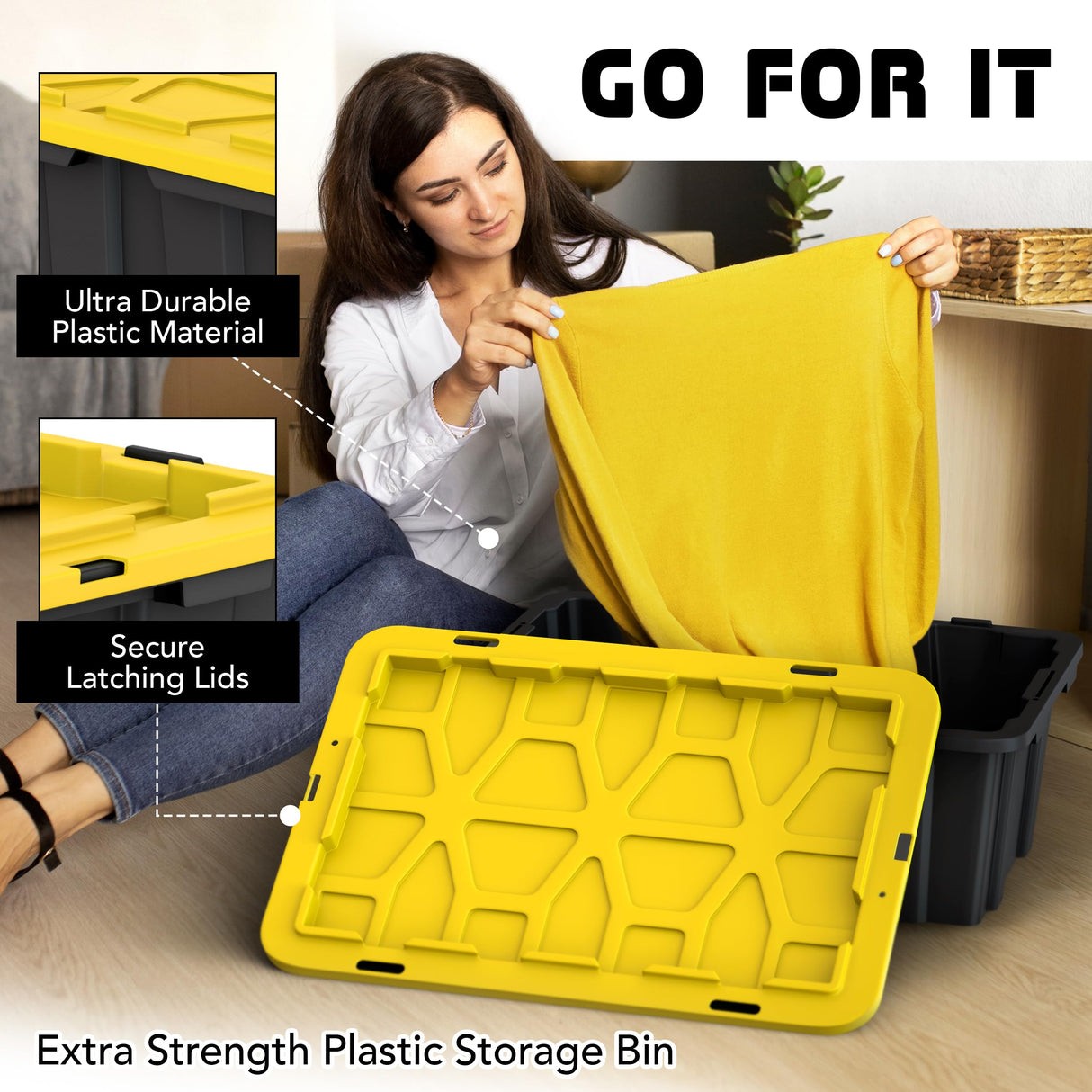 Lifetime Home 8 PACK of Medium 12 Gallon Plastic Storage Bin Tote Organizing Container with Ultra Durable Secure Latching Lids, Stackable, Extra Strength Clear with Built in Handle - Black and Yellow Lifetime Home