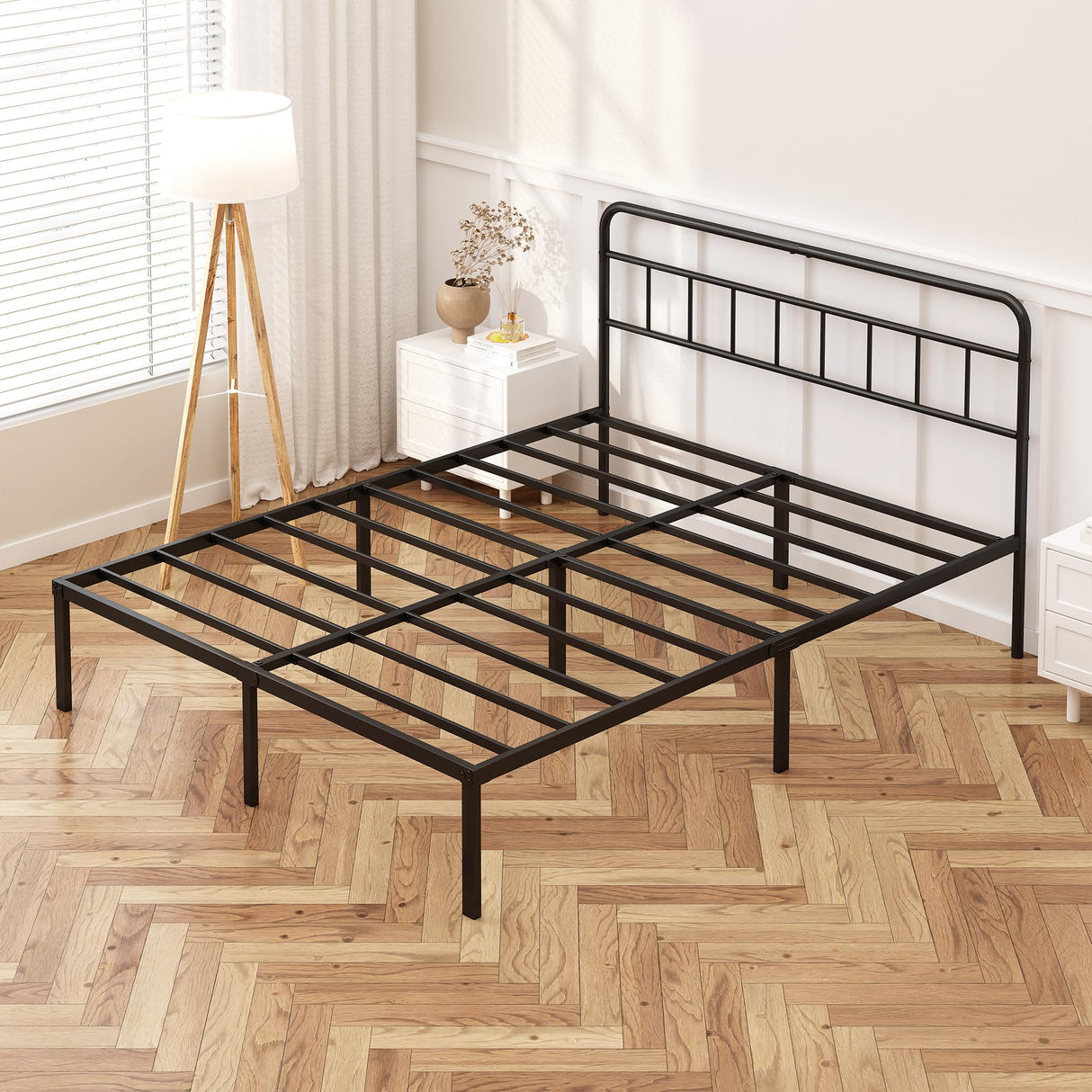 Kujielan 12 inches Queen Size Bed Frame with Minimalist headboard,Metal Platform Base with Strong Metal Slats,Mattress Foundation for Under Bed Storage,Easy Assembly,Black Kujielan