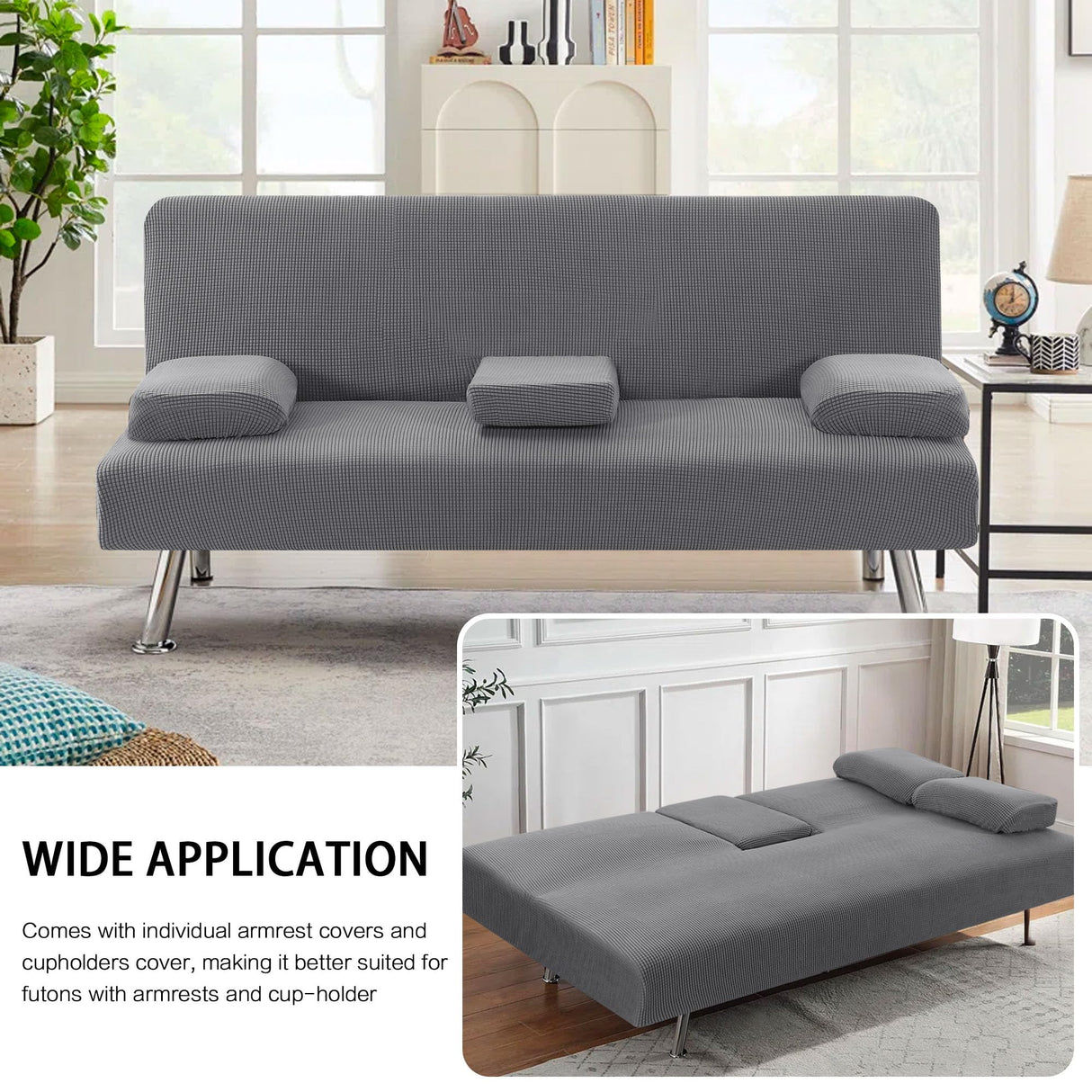 H.VERSAILTEX 4 Pieces Stretch Futon Covers Sofa Bed Slipcover with Removable Armrests and Cupholders Covers Furniture Protector High Spandex Small Checks Jacquard Fabric, Grey H.VERSAILTEX
