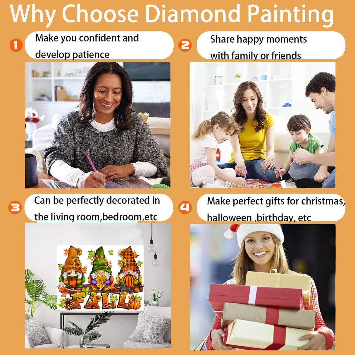 ajepon Gnome Diamond Art Kits for Adults - Fall 5D Diamond Painting, Gnomes Gem Art for Adults, Fall Pumpkin Gem Painting Kits for Wall Home Decor Arts Craft 12x16inch ajepon