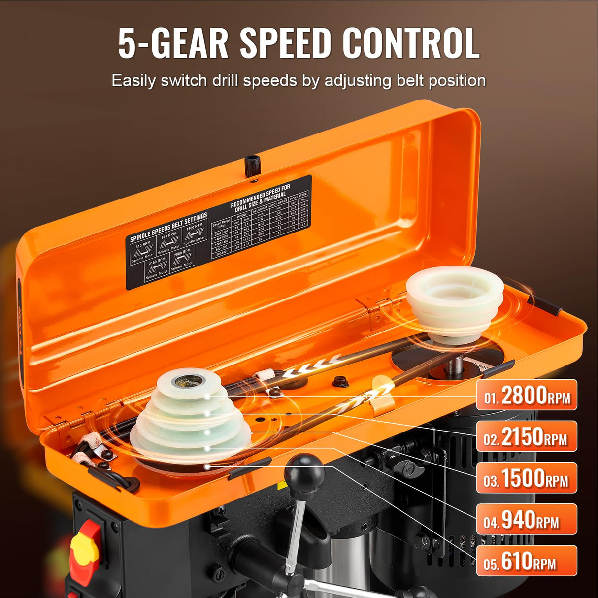 VEVOR 10 in Benchtop Drill Press, 6.2A Induction Motor, Tabletop Drilling Machine with 610/940 / 1500/2150 / 2800 RPM Adjustable Speed, 0-45° Tilting Worktable, LED Work Light, for Wood Metal VEVOR