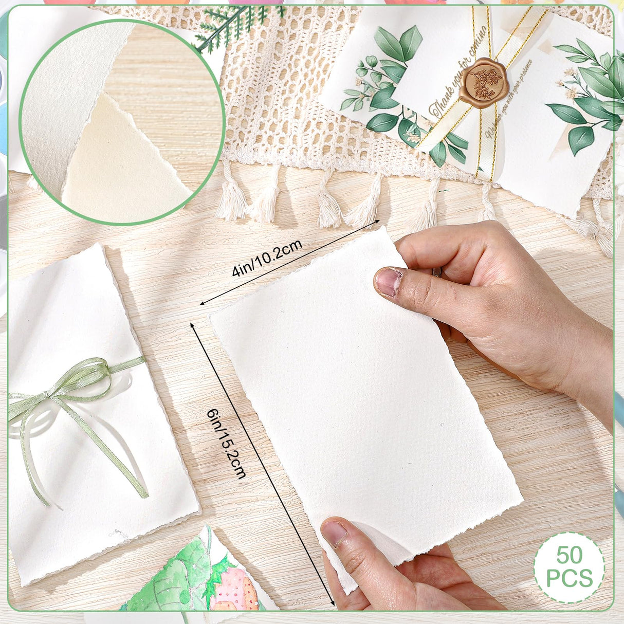 50 Sheets Deckled Edge Paper 4 x 6inch, 160 GSM Handmade Paper Rough/Textured Watercolor Paper for Wedding Invitations, Cards, Crafts Prudiut