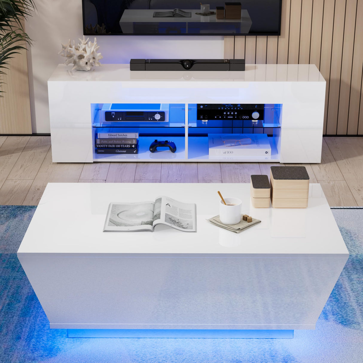 Cozy Castle High Gloss Coffee Table with LED, Modern Center Table with 2 Large Hidden Storage Drawers for Living Room, White, 47.2" W x 23.6" D x 13.4" H Cozy Castle