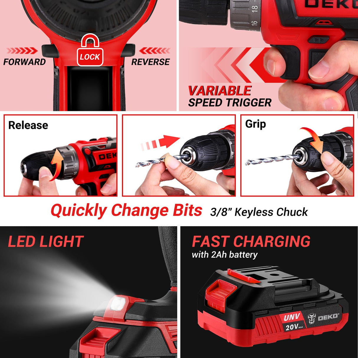 Red Drill Tool Kit Set: 20V Cordless Power Drill Tool Box with Battery Electric Drill Driver for Men Home Hand Repair Basic Toolbox Tools Sets Drills Case DEKOPRO