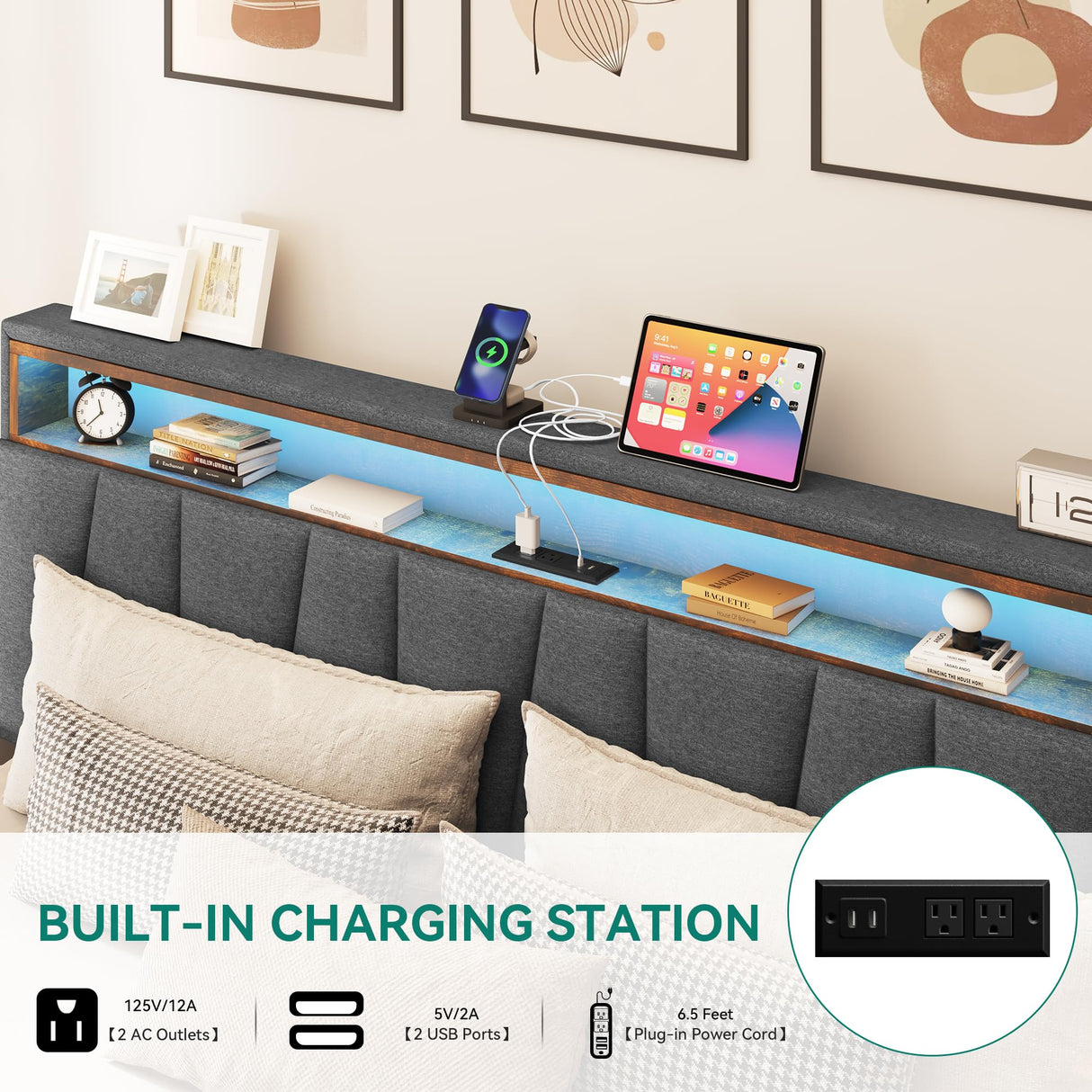 YITAHOME King Size Upholstered Bed Frame with LED Lighting, Headboard Storage, and Charging Station - Grey YITAHOME