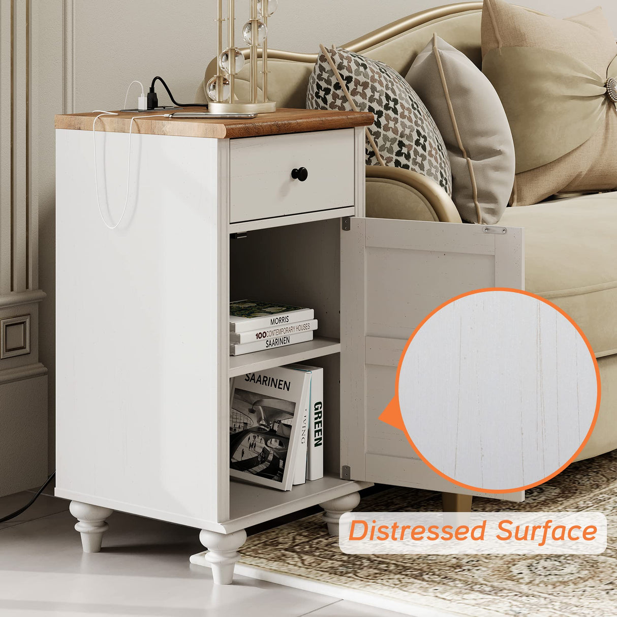 WAMPAT Set of 2 End Table with Charging Station, Wood Nightstands with Drawer and Storage Cabinet, Modern Side Tables Living Room Set of 2, Farmhouse Night Stands Bedside Table for Bedroom, White WAMPAT