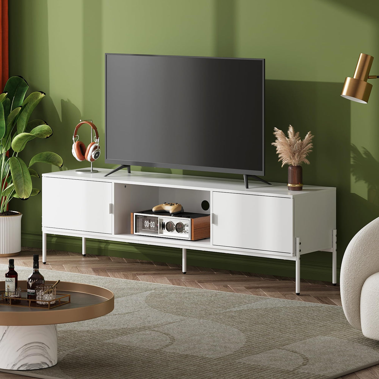 WLIVE Modern TV Stand for 65 Inch TV, Mid Century Entainment Center with Storage, TV Console with Open Shelf and 2 Cabinets for Bedroom and Living Room, TV Cabinet with Metal Legs, White WLIVE