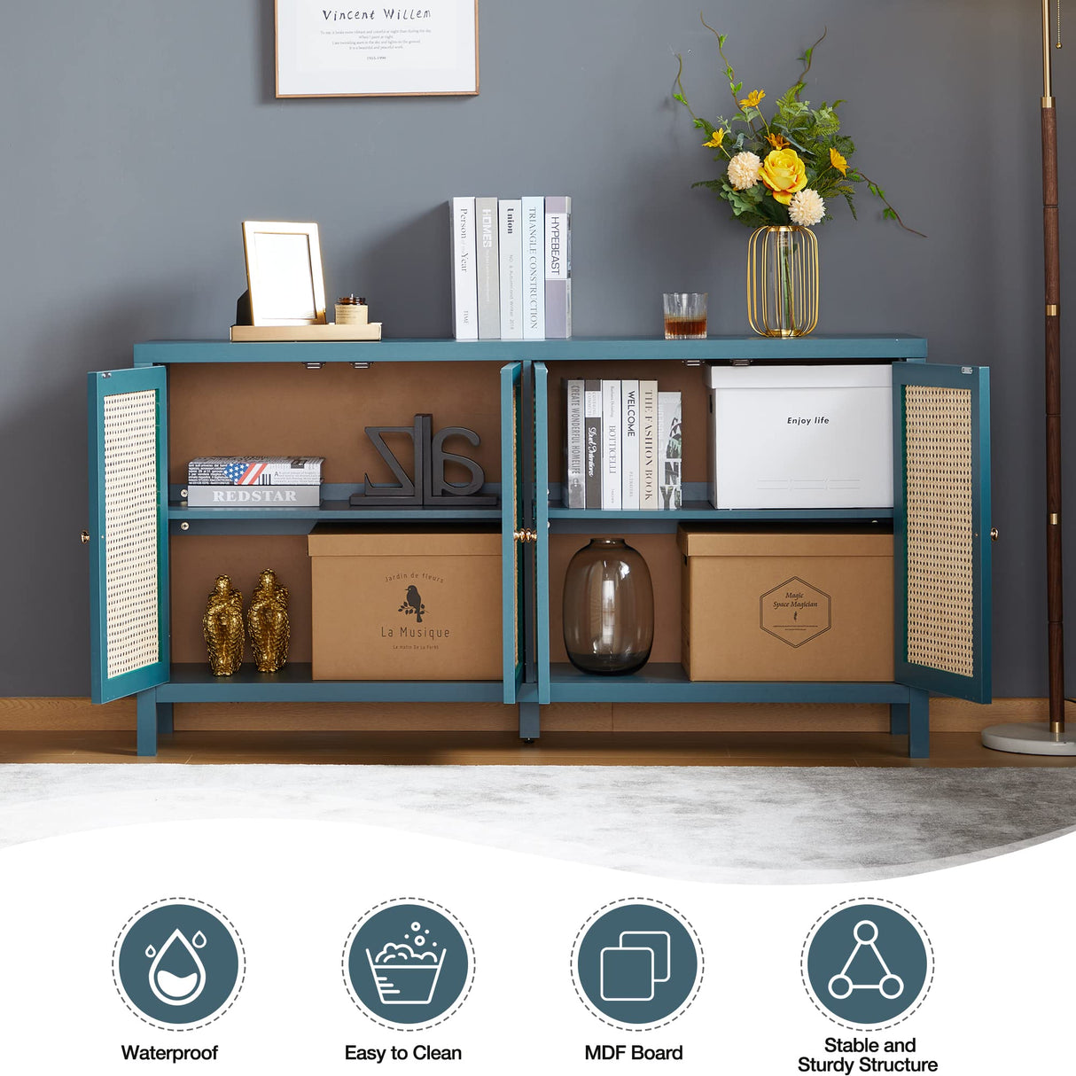 QHITTY Sideboard Buffet Cabinet, Rattan Accent Cabinet Storage Cabinet Console Table with 4 Doors and Adjustable Shelves for Kitchen, Dining Room, Living Room, Hallway (Blue) QHITTY
