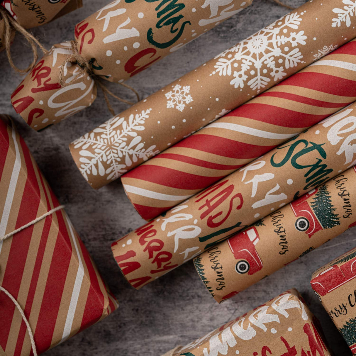 RUSPEPA Wrapping Paper, Kraft Paper - Snowflakes, Car and Christmas Tree, Stripes and Merry Christmas - 4 Rolls - 30 inches x 10 feet per Roll RUSPEPA