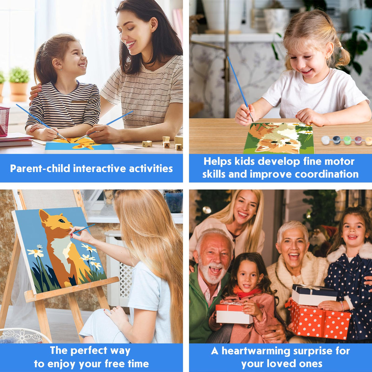 NEWENMO 4 Pack Paint by Number for Kids with Wooden Frame, Cute Rabbit, Cat, Dog Paint by Numbers for Kids Ages 8-12, Animal, DIY Acrylic Oil Painting for Beginners for Home Wall Decor 8X8 inch NEWENMO