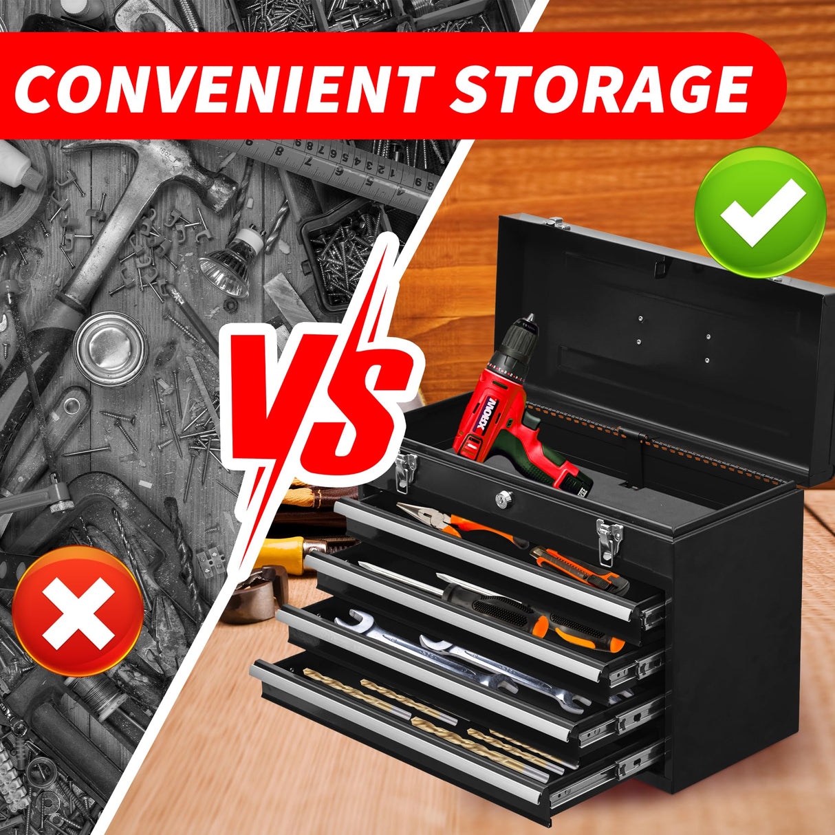 Runboll Portable Tool Chest Metal 4-Drawer Tool Cabinet 20" Steel Tool Storage Box Organizer with Metal Cylinder Lock and Latch Closure, for Home Improvement, Auto Mechanics Runboll