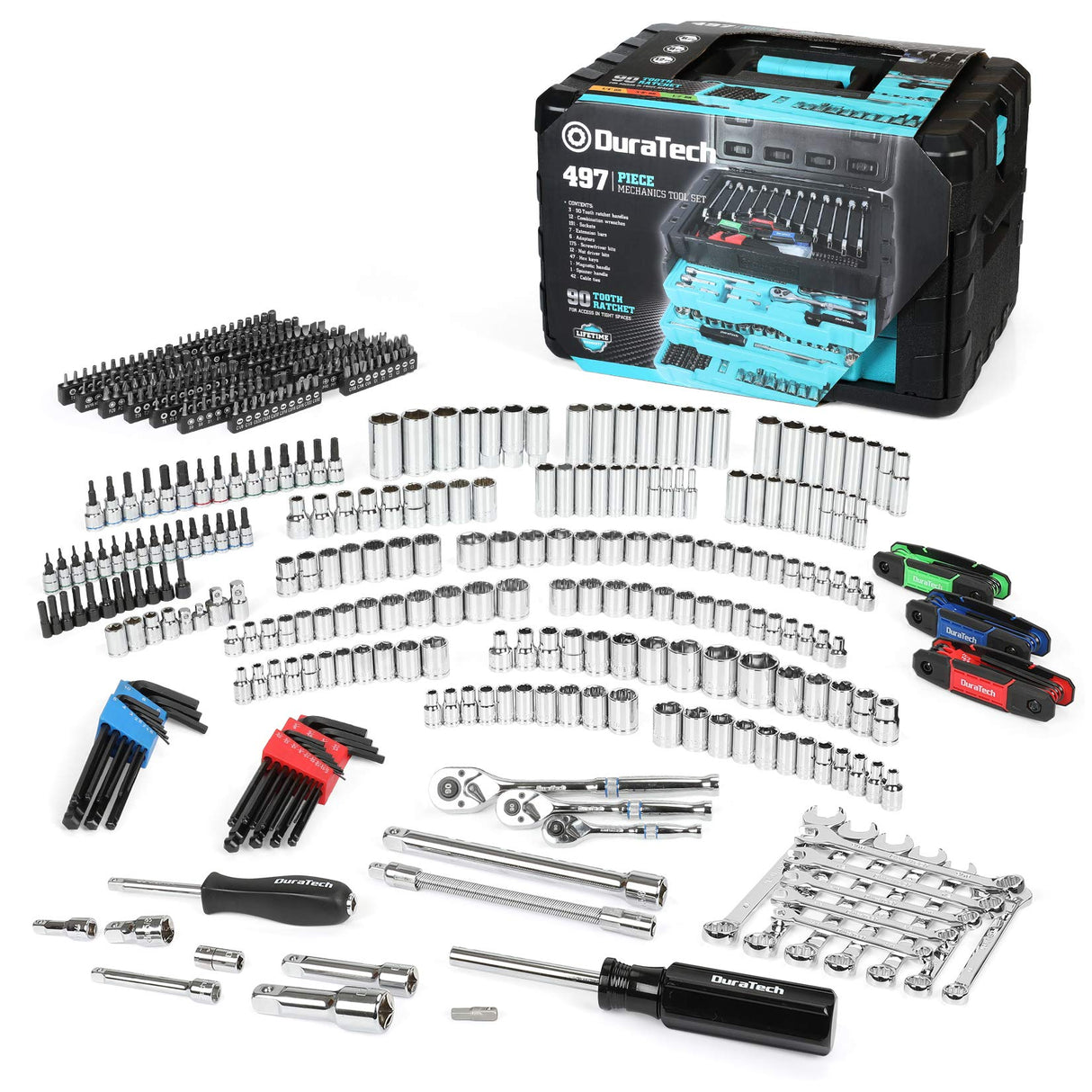 DURATECH 497-Piece Mechanics Tool Set, Include SAE/Metric Sockets, 90-Tooth Ratchet and Wrench Set in 3 Drawer Tool Box DURATECH