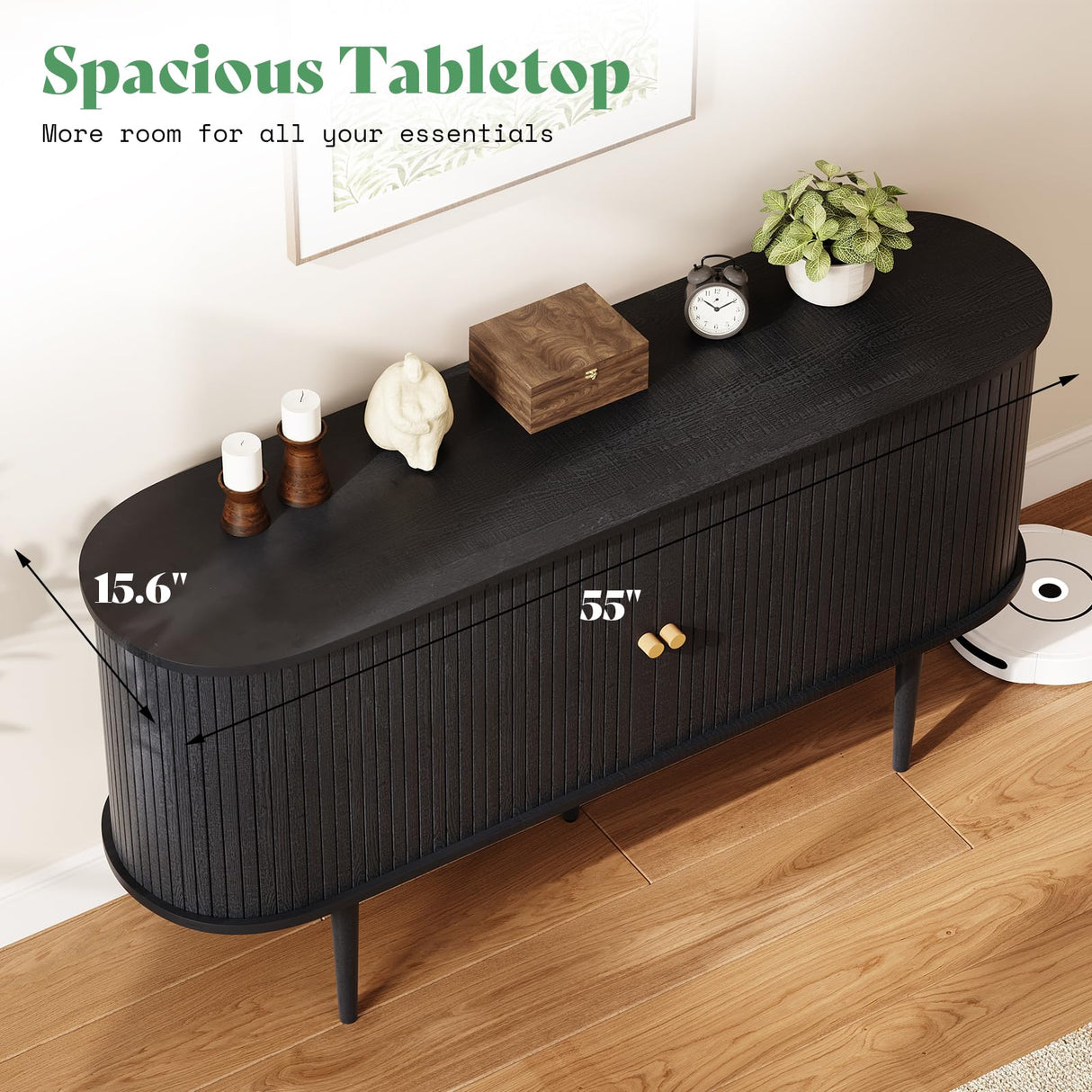 AMERLIFE 55" TV Stand with Solid Wood Legs, Mid Century Modern TV Console with Tambour Door for 80-inch TV, Dust-Proof Storage Cabinet for Living Room, Embossed Black AMERLIFE