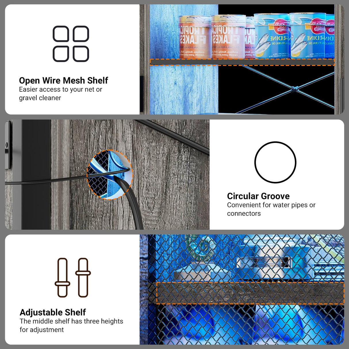 Unikito Reptile Tank Stand Fish Tank Stand with Power Outlets & LED Light, 55-75 Gallon Reversible Terrarium Stand with Cabinet, Metal Aquarium Stand for Reptile Terrarium, Turtle Tank, Black Oak Unikito