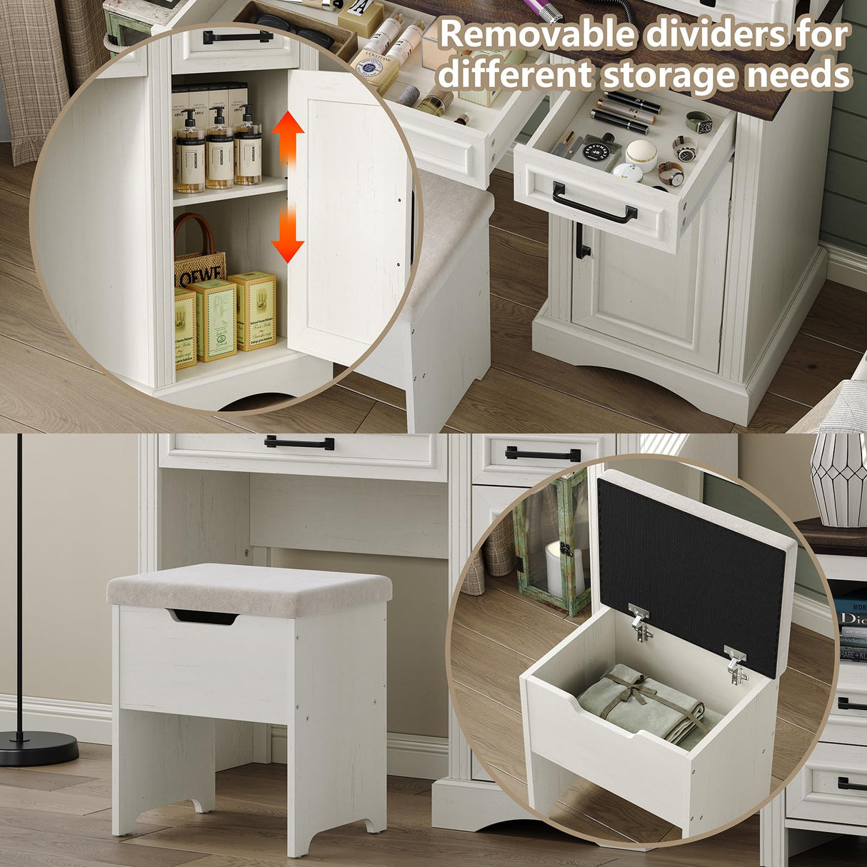 Diwnnue Farmhouse Makeup Vanity Desk with Sliding Mirror, Large Vanity Set with 3 Brightness Lights, Ample Storage, Antique White Diwnnue