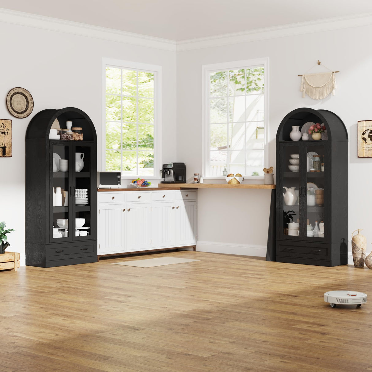 75" Tall Arched Kitchen Pantry Cabinet w Load-Bearing Steel Pipe,Modern Farmhouse Kitchens Storage Cabinet with Drawer and Glass Doors,Tall Arched Bookcase,Pantry Organizer(Woodgrain Black) chartustriable