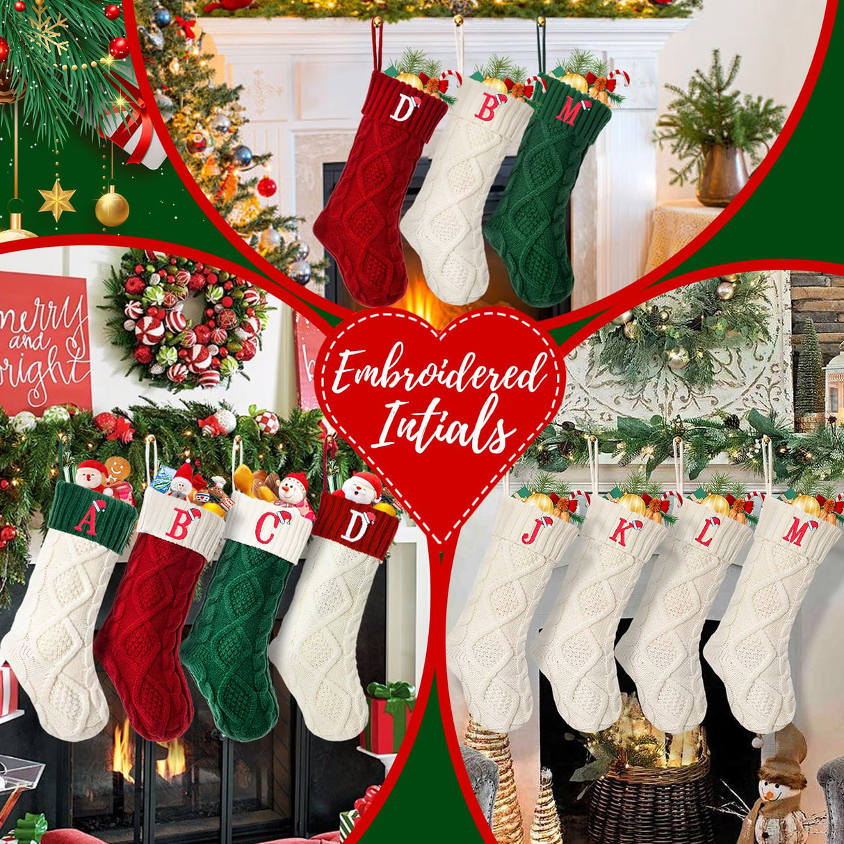 Ulico Christmas Stockings with Initials, 18’’ Large Embroidered Monogram Knit Christmas Stocking,Xmas Stocking for Kids, Holiday and Family Stocking for Fireplace or Party Decoration Red Letter A Ulico