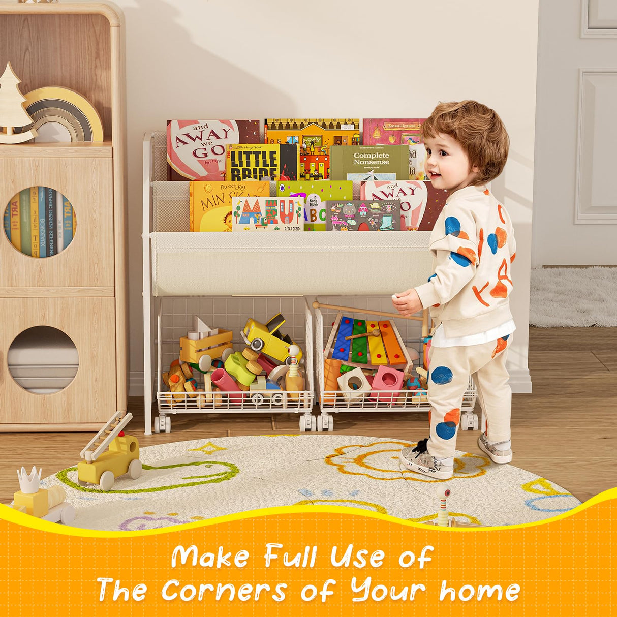 Kids Bookshelf and Toy Storage with 2 Lockable Rolling Baskets – Small Book Shelf for Kids Rooms, Montessori Children Toddler Bookshelf for Nursery, Playroom, Bedroom, Holds Up to 20 Books & Toys koozuuyk