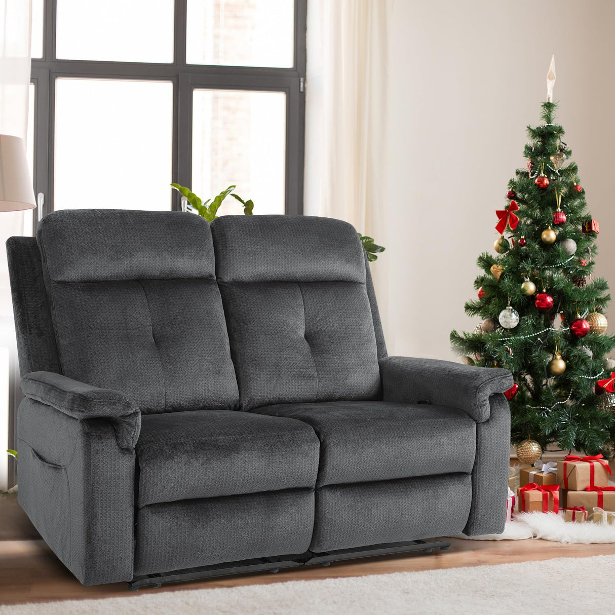 PALLOME Loveseat Recliner, Velvet Reclining Sofa, 54'' Double Recliner Loveseat with Heat and Massage, RV Theater Seating, Manual Recliner Chair for Living Room (Velvet, Grey) PALLOME