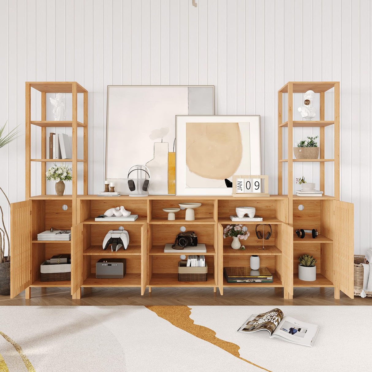 Entertainment Center with Bookshelves, Farmhouse TV Stand for 70 Inch TVs, TV Stands for Living Room w/Adjustable Shelves & Storage Cabinet, Modern Console Cabinet for Bedroom Home Theater HomeEterna