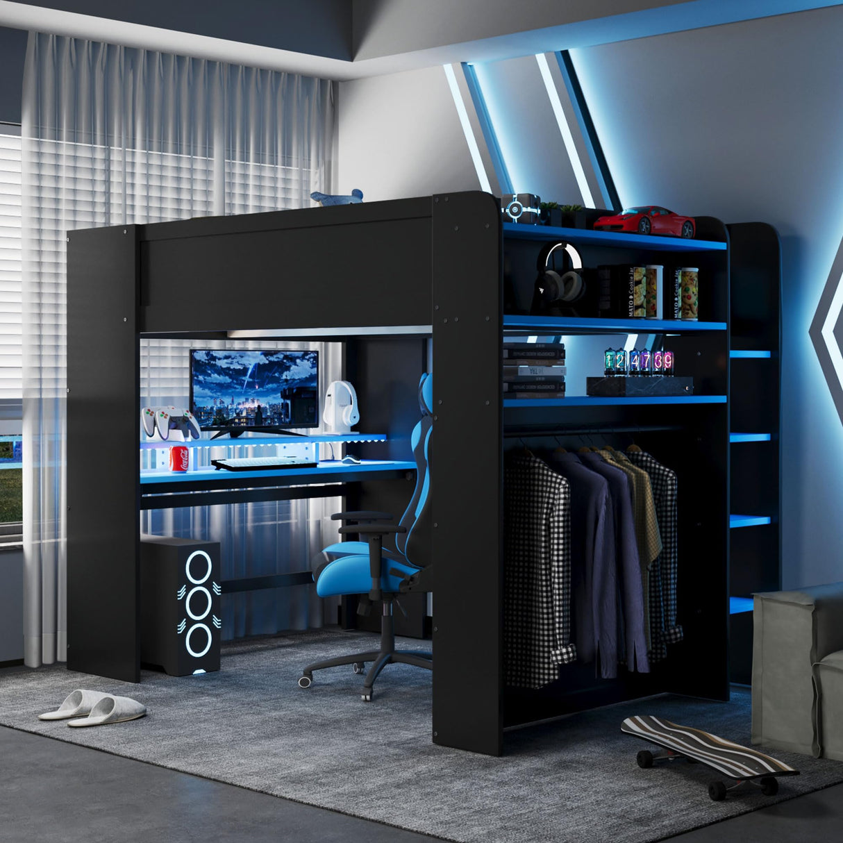 Ball & Cast Full Size Bunk Bed with Height-Adjustable Desk,Wood Gaming Bed w/Wardrobe & Ample Storage Space & RGB Light,Full-Length Guardrails,USB Port,Ladder,Bedroom Furniture for Student Dorms,Blue Ball & Cast