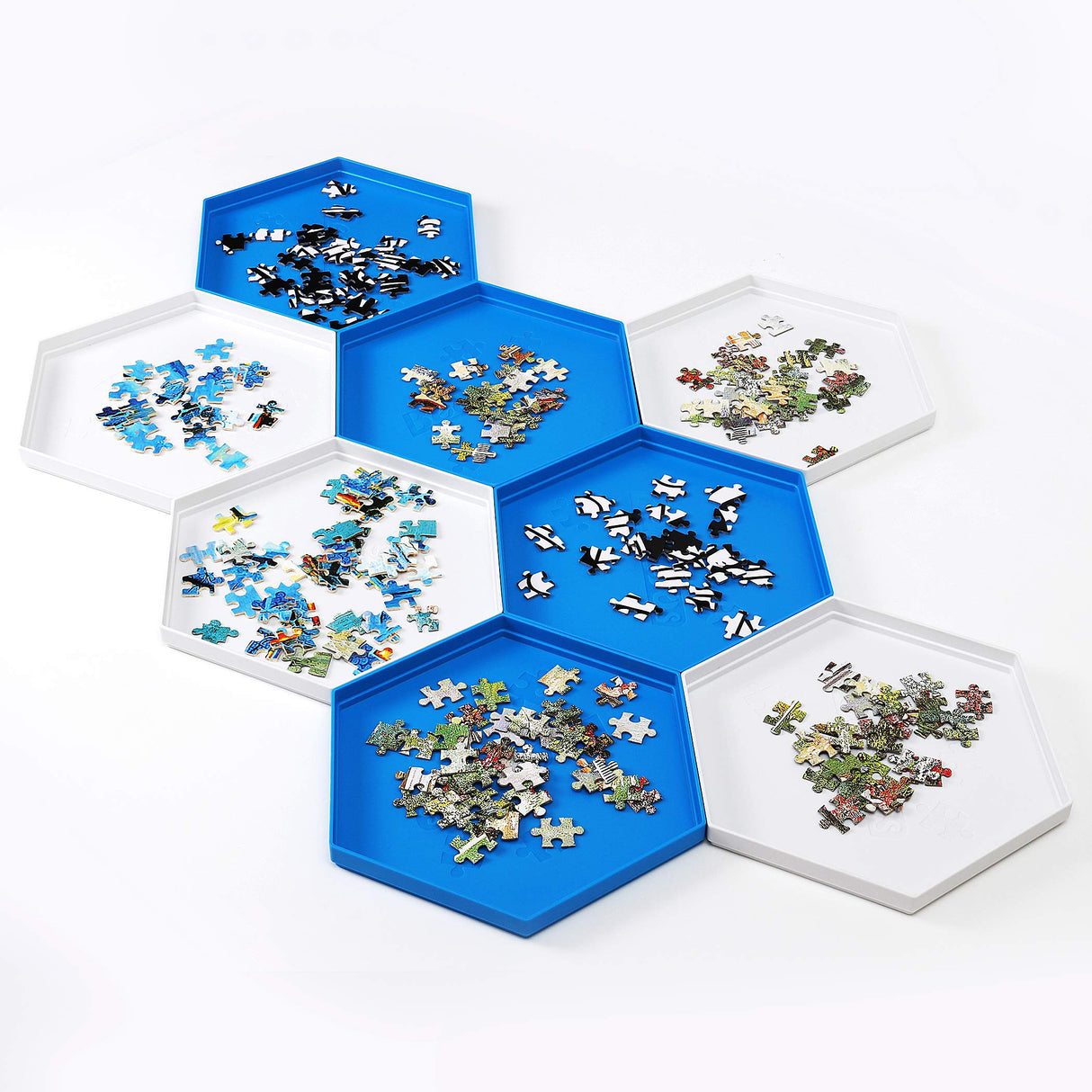Becko US Stackable Puzzle Sorting Trays Jigsaw Puzzle Sorters with Lid Puzzle Accessory for Puzzles Up to 1500 Pieces, 8 Hexagonal Trays in White & Blue Becko US