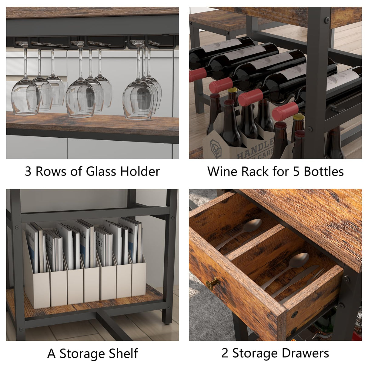 Auromie Dining Table Set for 4-6 People, 54.7" Kitchen Dinner Table with 2 Bench, Dining Room Table Set with Storage Drawer & Shelf, 3-Piece Breakfast Nook Table with Wine Rack &Glass Holder (Brown) Auromie