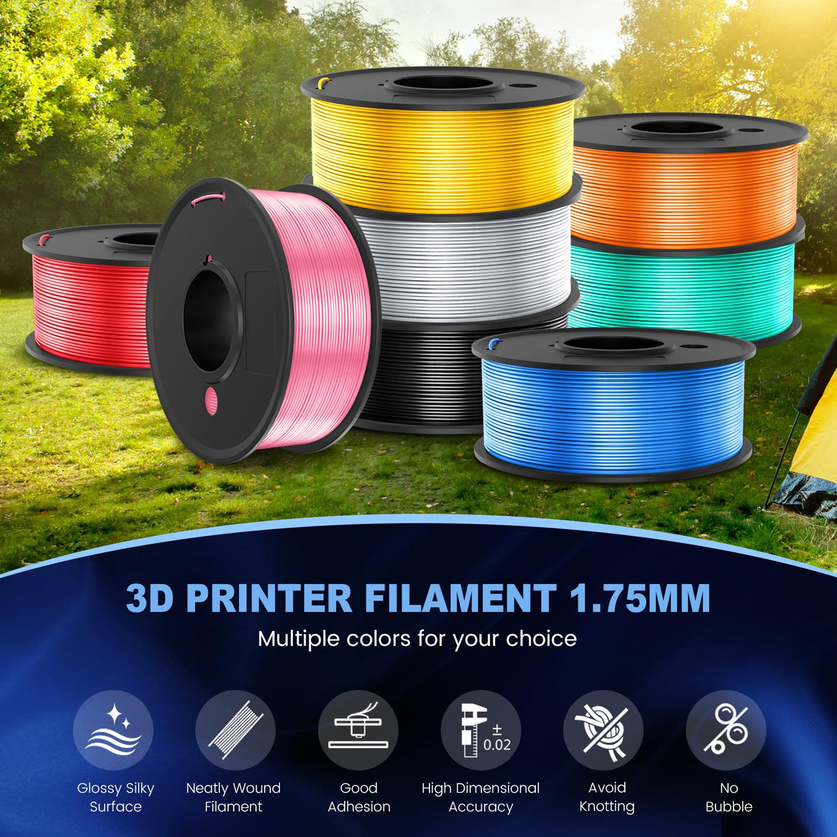 JAYO Silk PLA Filament Bundle 1.75mm, Silk 3D Printer Filament Bundle Multicolor, Individually Vacuum Packed, 8 Pack, Shiny Silk 2KG in Total, Light Gold+Silver+Black+Blue+Red+Green+Orange+Pink JAYO