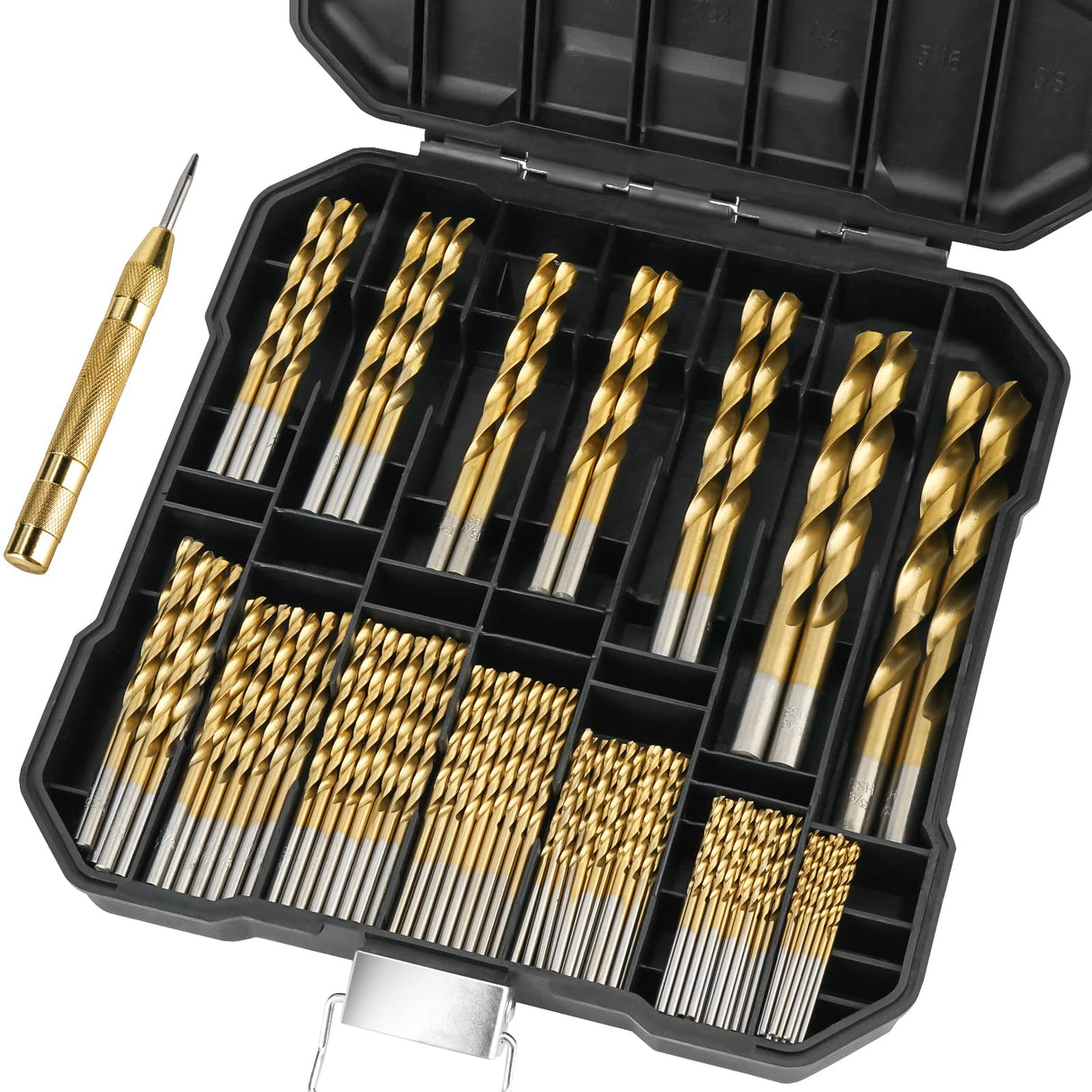 TICONN 99PCS Titanium Coated Drill Bit Set, 135 Degree Tip HSS Bits Kit with Storage Case for Aluminum, Copper, Soft Alloy Steel, Wood, Plastic Size from 1/16" to 3/8" TICONN